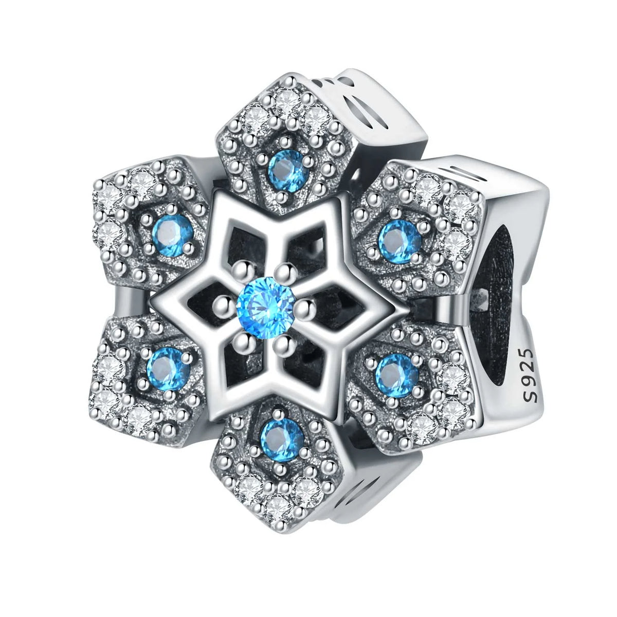 Silver charm with blue gemstones on a white background