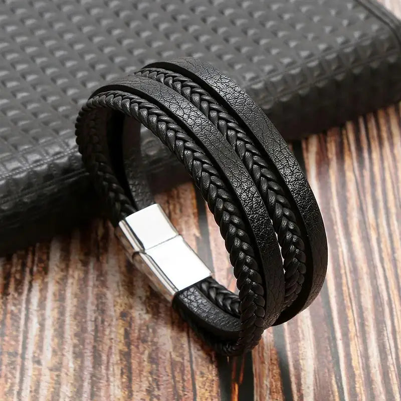 Men’s Multilayer Leather Bracelet | Handwoven Design with Magnetic Alloy Clasp