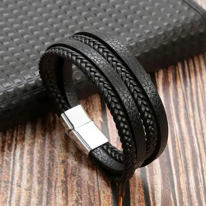 Men’s Multilayer Leather Bracelet | Handwoven Design with Magnetic Alloy Clasp