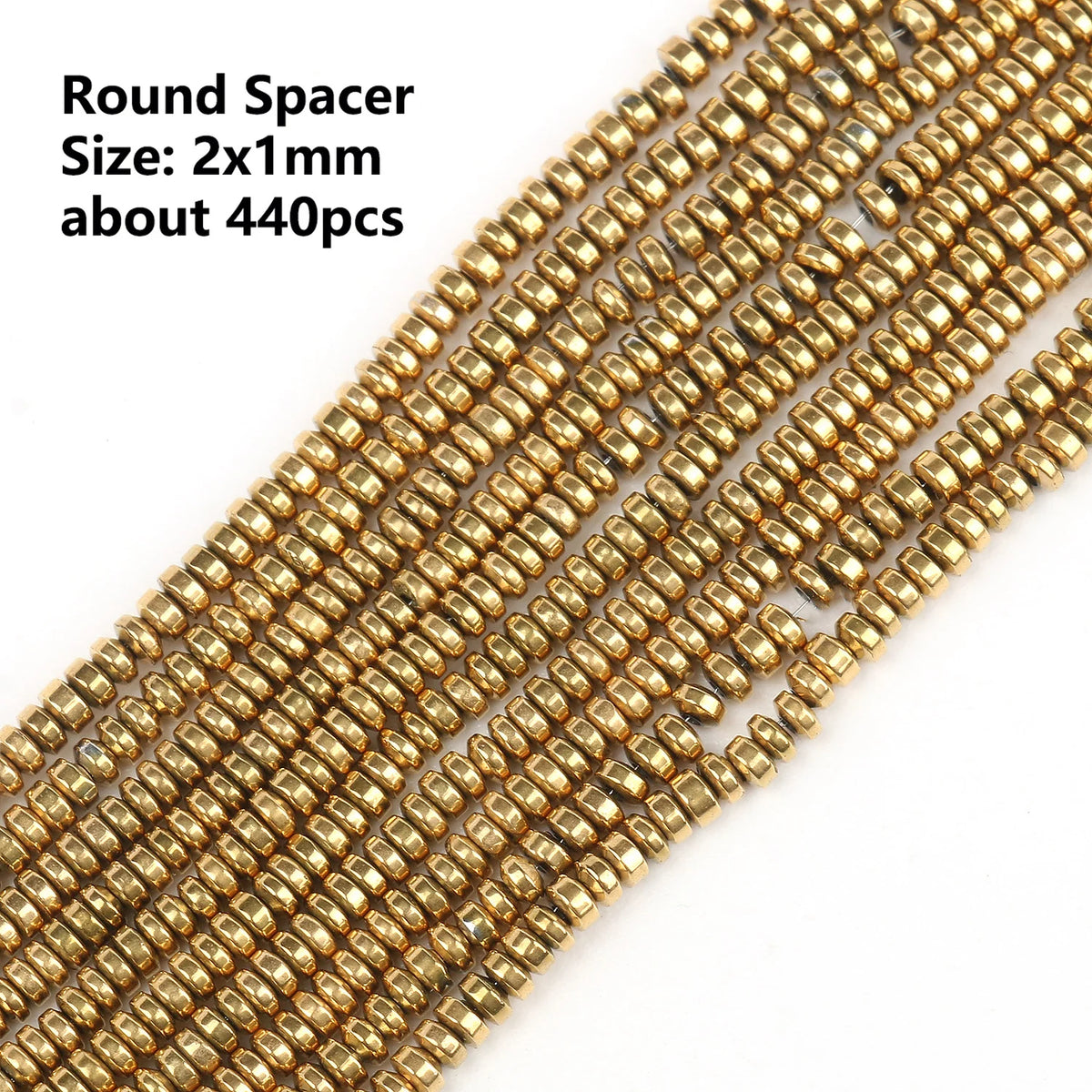 Gold round spacer beads on a white background with text indicating size and quantity.