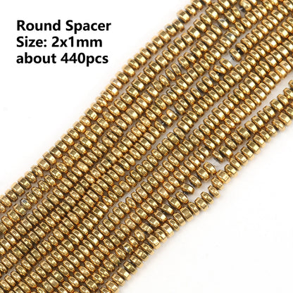 Gold round spacer beads on a white background with text indicating size and quantity.