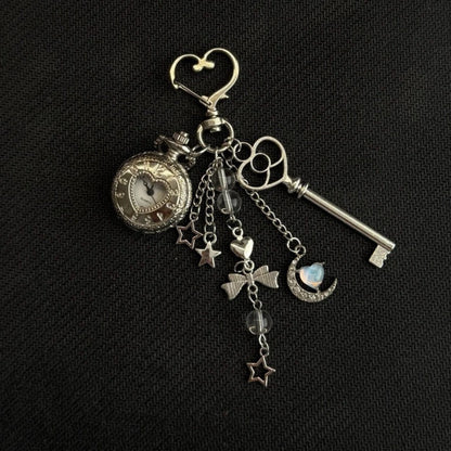 Heart Watch Bag Charm | Functional Clock Keychain | Purse & Backpack Charm with Heart, Key & Crystal Accents