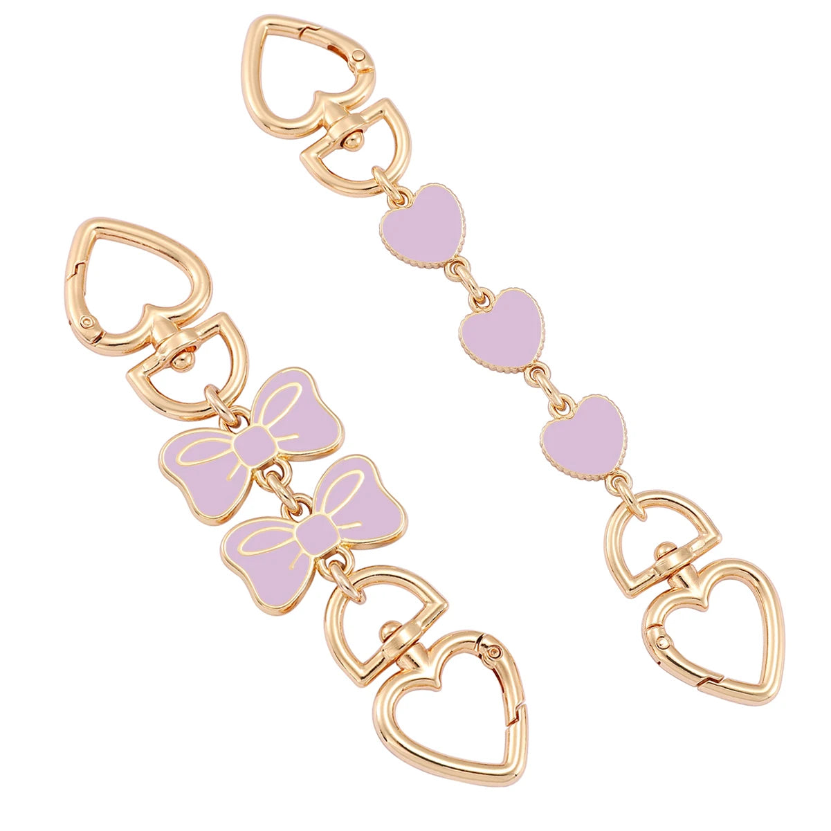Gold and pink heart-shaped bag chain on a white background