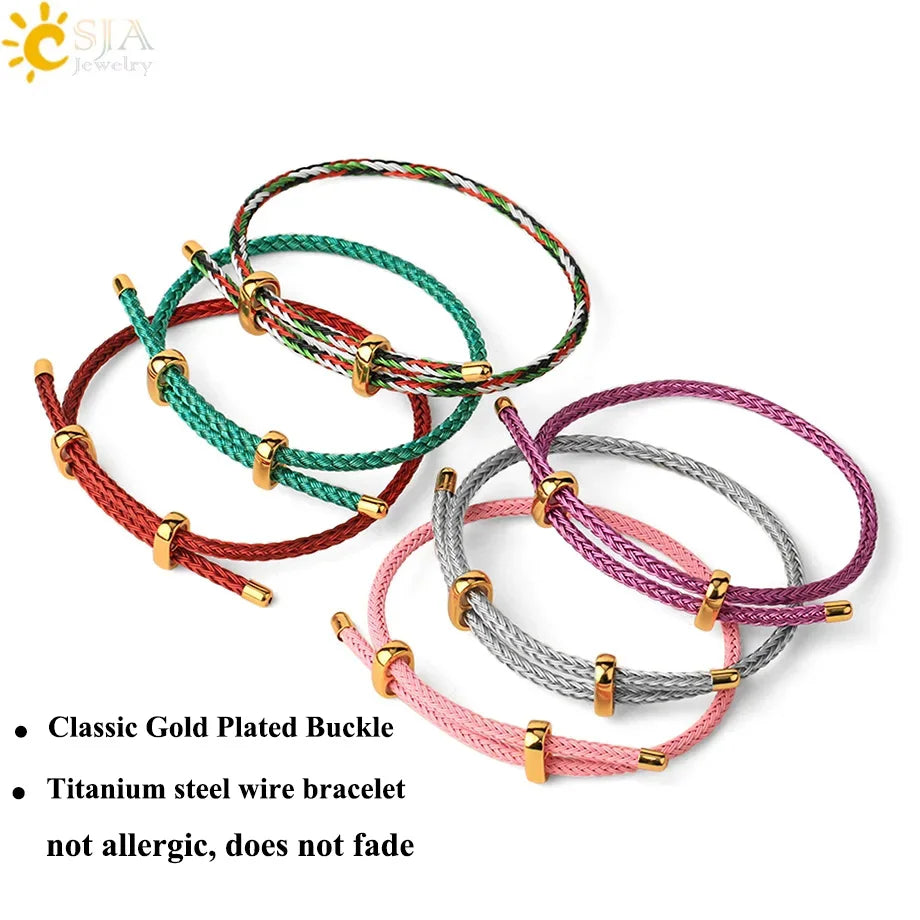 Five braided wire bracelets in red, green, multicolor, gray, and pink, each with a gold-plated buckle, arranged on a white background with product feature text.
