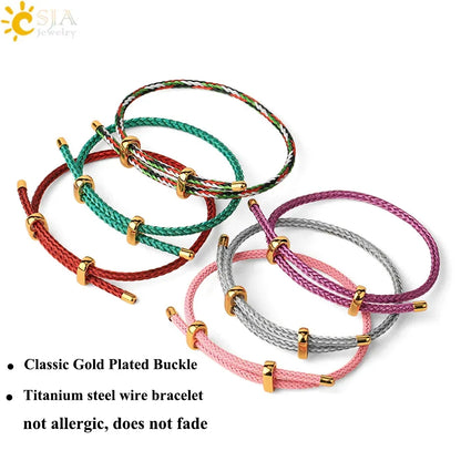Five braided wire bracelets in red, green, multicolor, gray, and pink, each with a gold-plated buckle, arranged on a white background with product feature text.