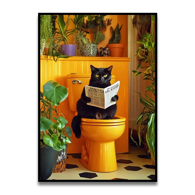Bathroom Cat Reading on Toilet Canvas Wall Art Print Poster Funny Animal Decor Painting Home Room Decor Gift Unframed