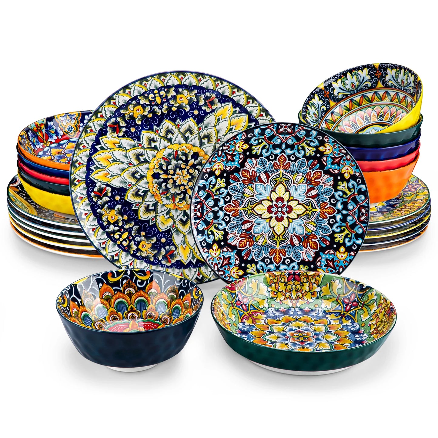 Boho Stoneware Dinnerware Set for 6 | Ceramic Plates & Bowls | 12, 16, 18 or 24 Pieces