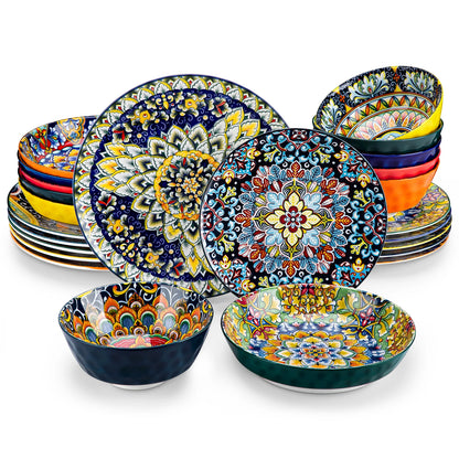 Boho Stoneware Dinnerware Set for 6 | Ceramic Plates & Bowls | 12, 16, 18 or 24 Pieces
