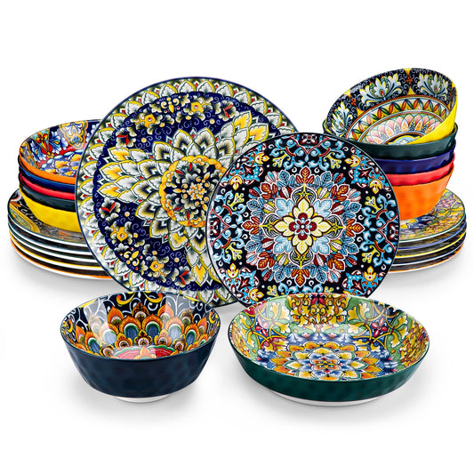 Boho Stoneware Dinnerware Set for 6 | Ceramic Plates & Bowls | 12, 16, 18 or 24 Pieces