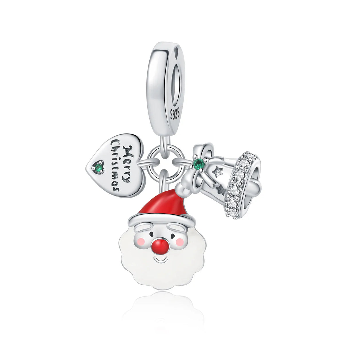 Christmas-themed charm with Santa Claus face, red hat, and green gemstones on a white background