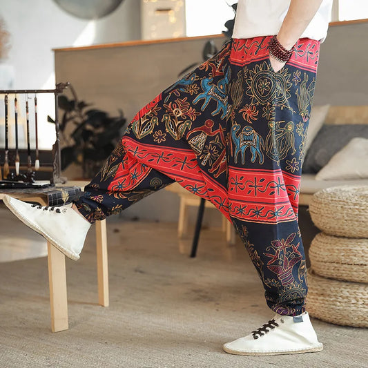 Men Harem Pants Print Retro Drop Crotch Joggers Trousers Men Baggy Loose Nepal Style Men Casual Pants M-5Xl