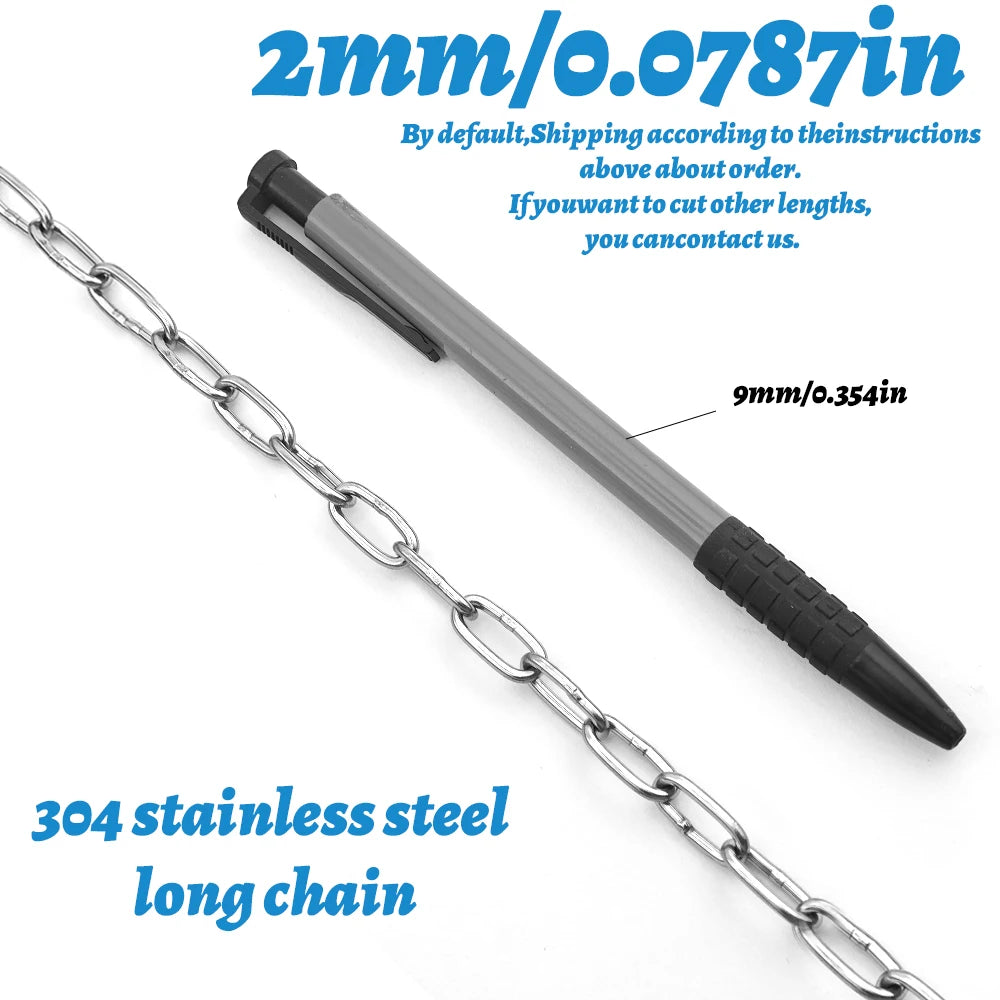 A silver stainless steel chain with a gray and black metal tool attached, shown on a white background with blue text indicating dimensions and material details.