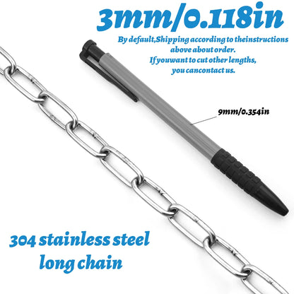 A silver stainless steel long chain link bar displayed diagonally on a white background with blue text overlays detailing product specifications and lengths.