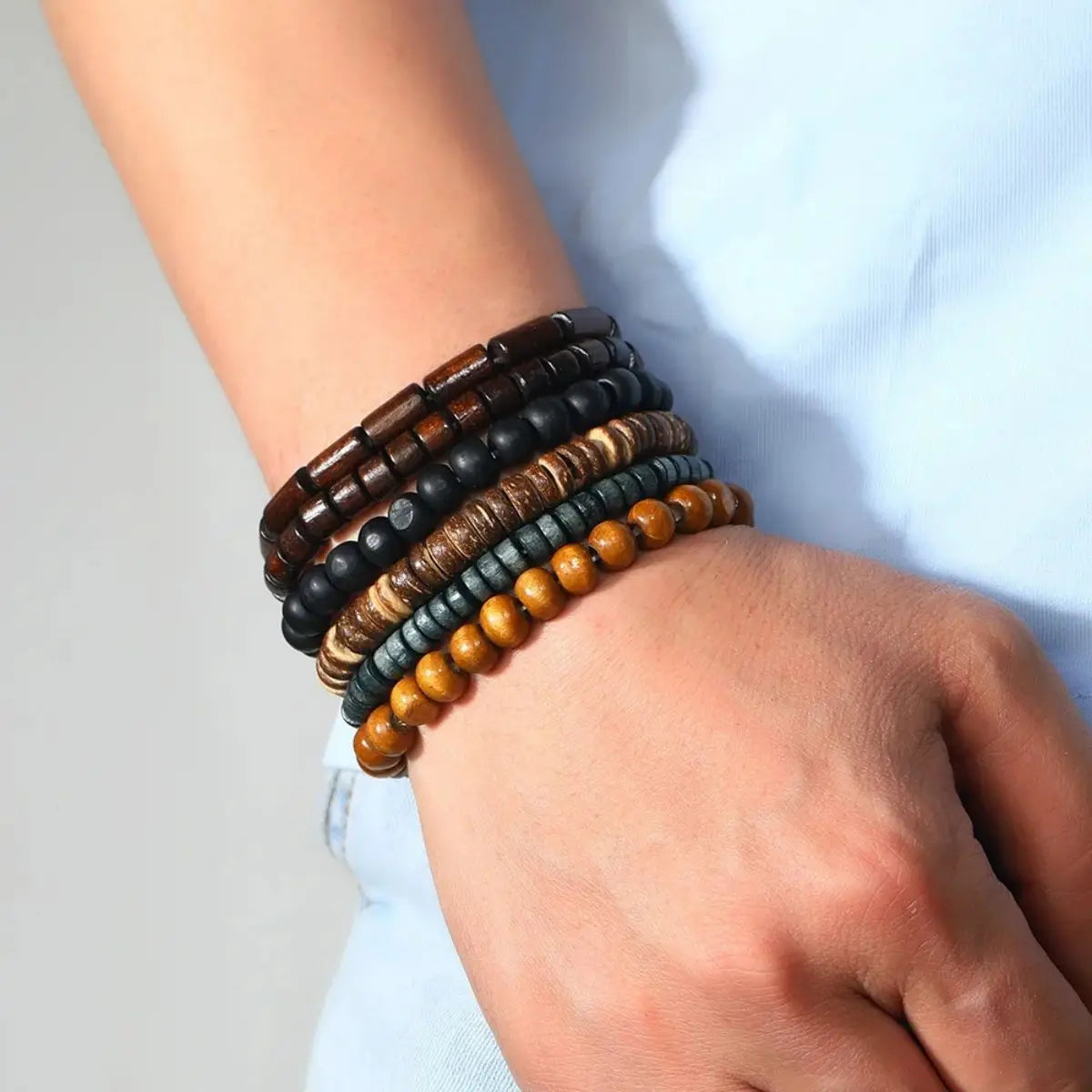 6-Piece Wood Bead Bracelet Set for Men & Women | Boho Stackable Bracelets | Vintage Casual Style