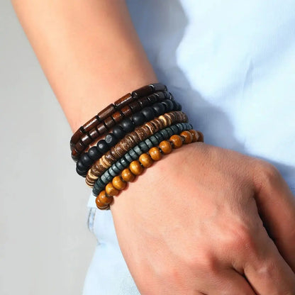 6-Piece Wood Bead Bracelet Set for Men & Women | Boho Stackable Bracelets | Vintage Casual Style