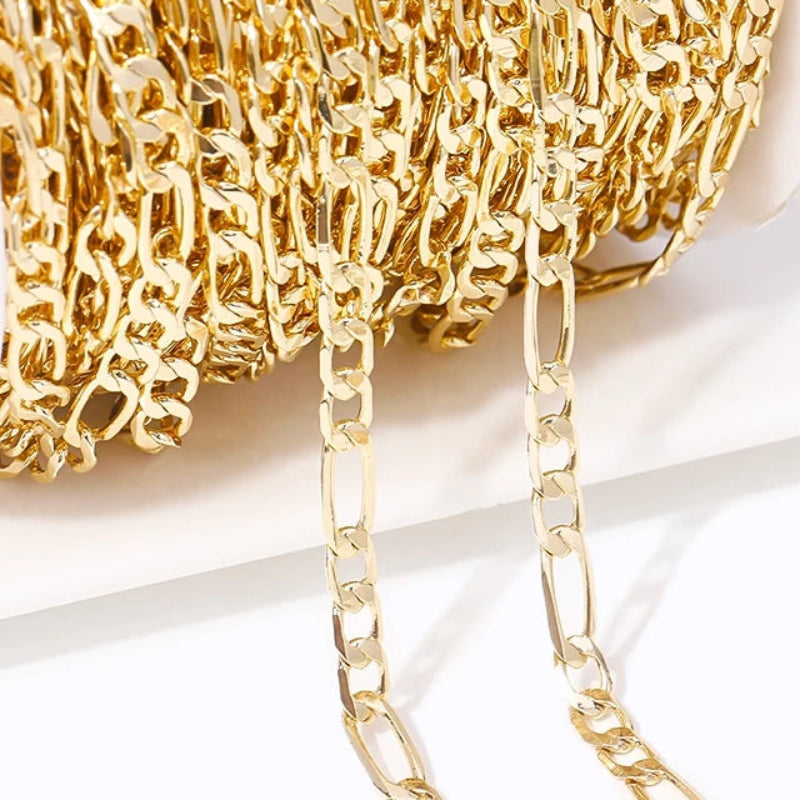 Gold chain with a spool of chain on a white background.