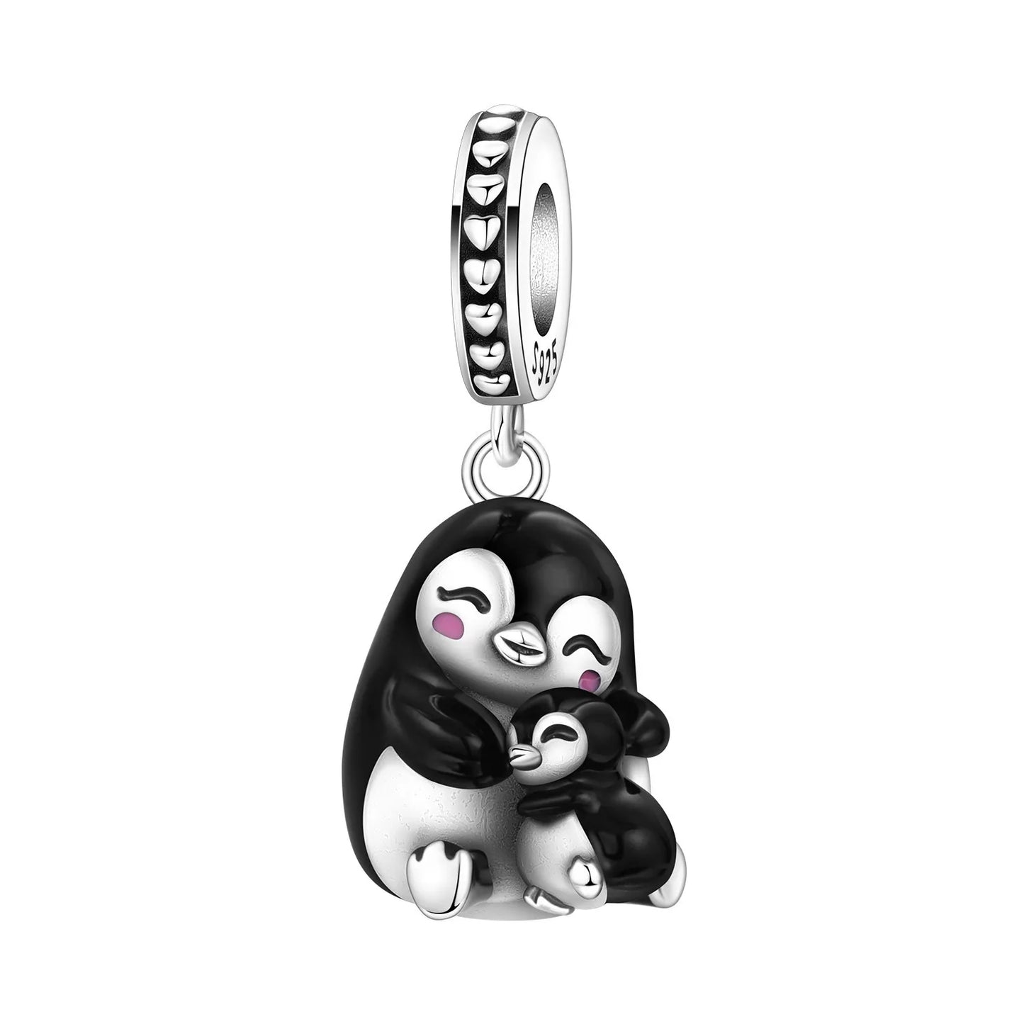 A silver charm featuring a penguin mother and baby hugging, with black and white enamel detailing and small pink blush accents on the cheeks.
