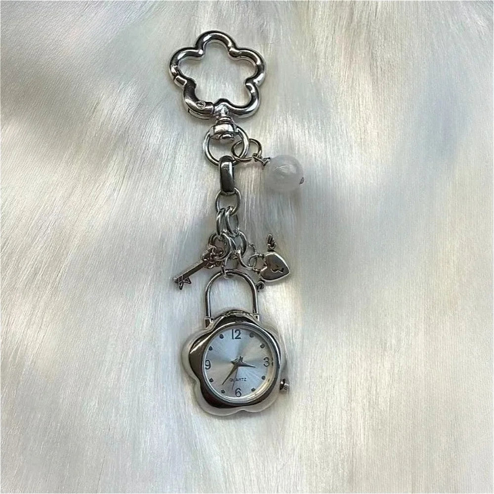 Heart Watch Bag Charm | Functional Clock Keychain | Purse & Backpack Charm with Heart, Key & Crystal Accents