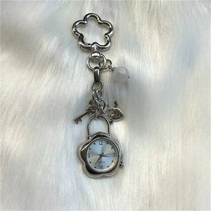 Heart Watch Bag Charm | Functional Clock Keychain | Purse & Backpack Charm with Heart, Key & Crystal Accents