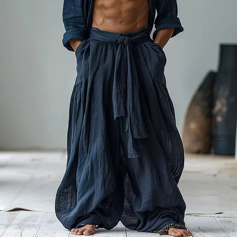 Folk Tie-up Streetwear Men's Pants Vintage Simple Casual Pure Cotton Linen Elastic Waist Loose Casual Pants Vintage Outfit Bohemian Style