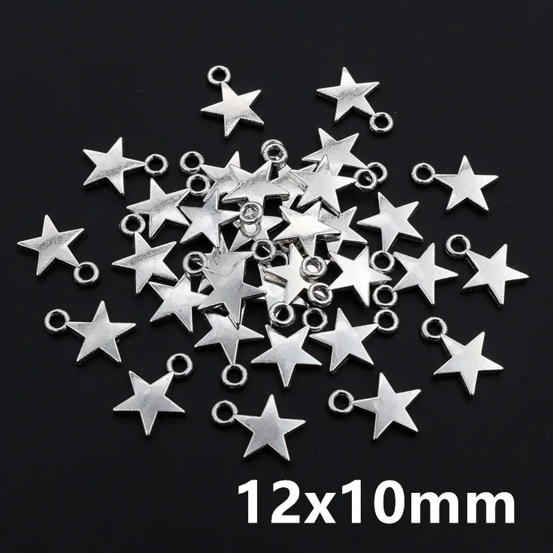 Silver star-shaped jewelry components on a black background with '12x10mm' text.