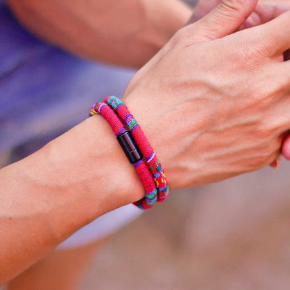 Colorful bracelet on a wrist with a blurred background