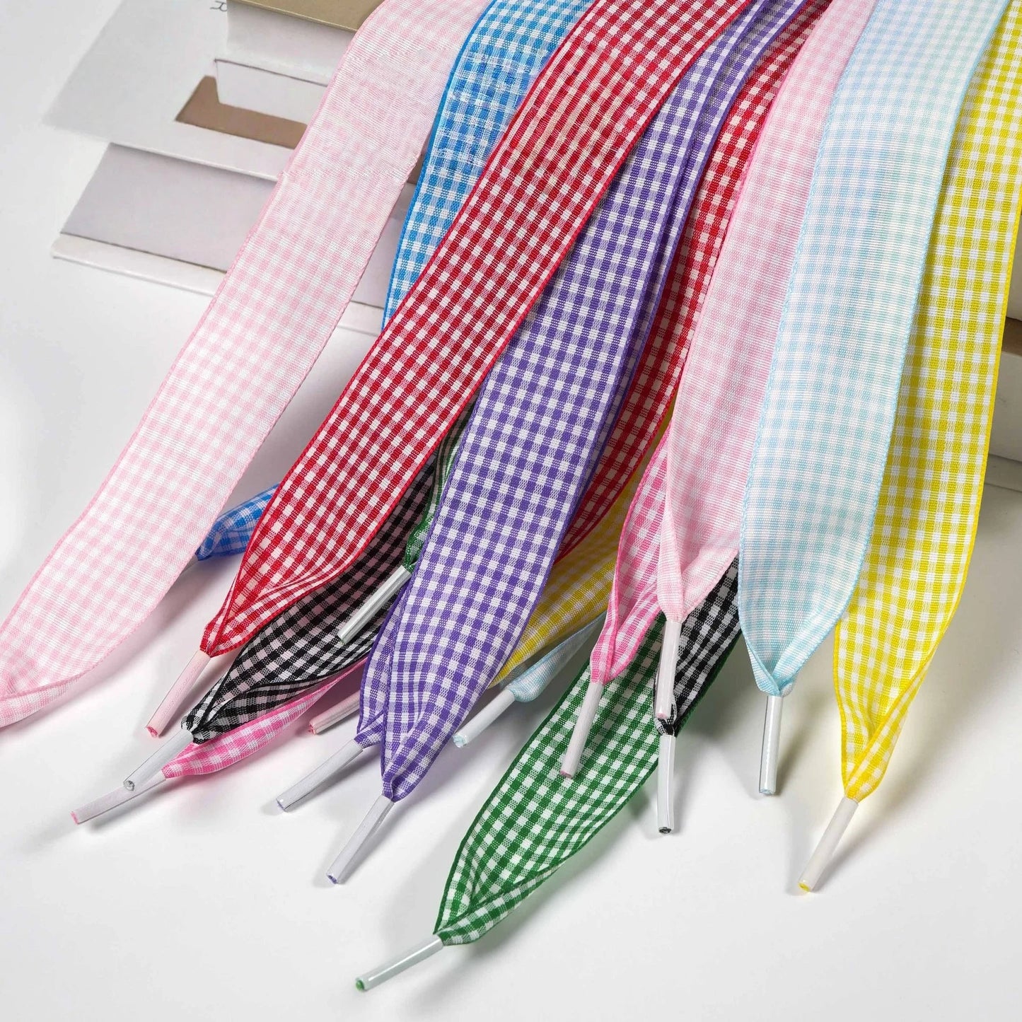 Luxury Pastel Gingham Ribbon Shoelaces | Cute Wide Flat Bow Laces for Sneakers | 1 Pair