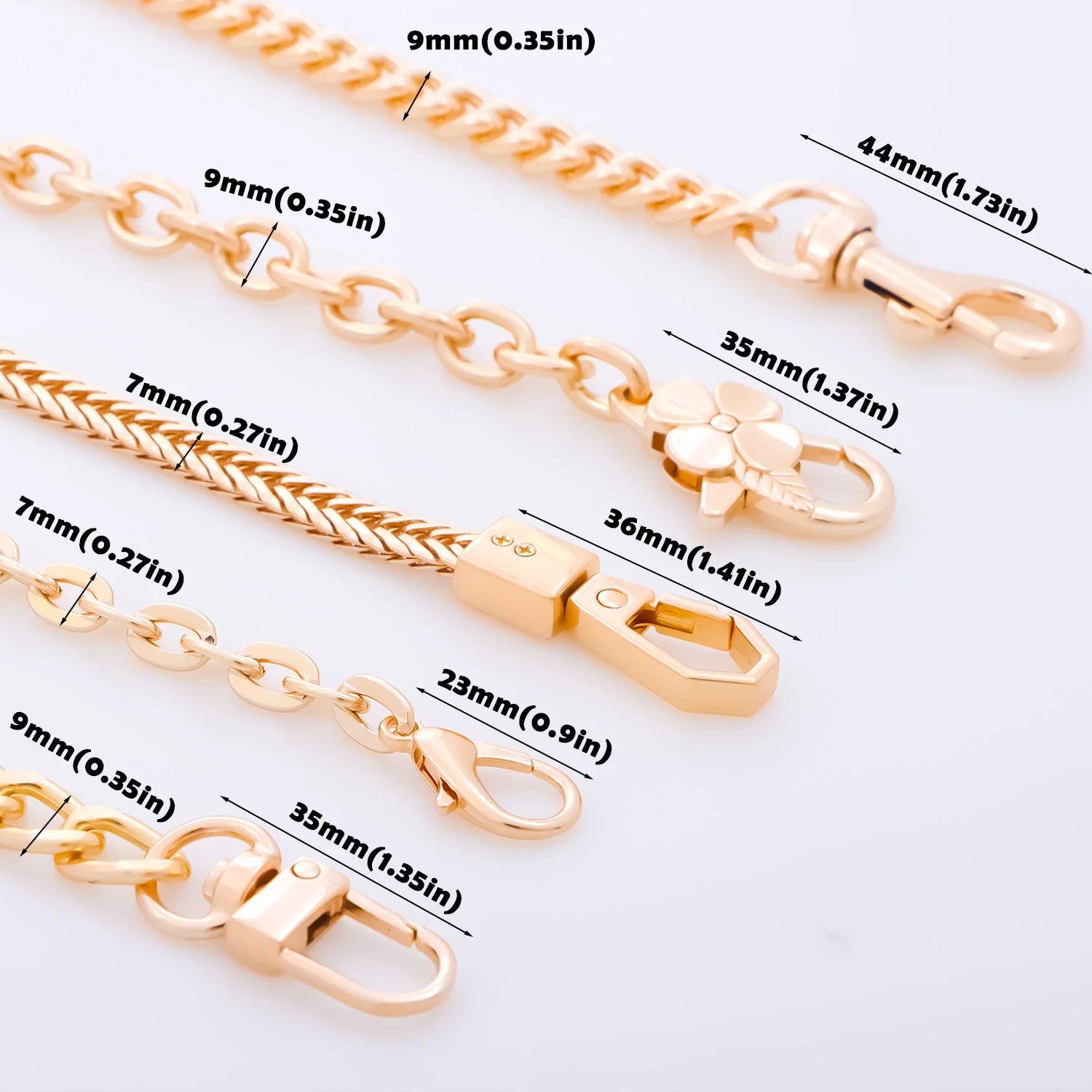 Five rose gold chain keychains with different link styles and lengths, laid out diagonally on a white background with black dimension labels.