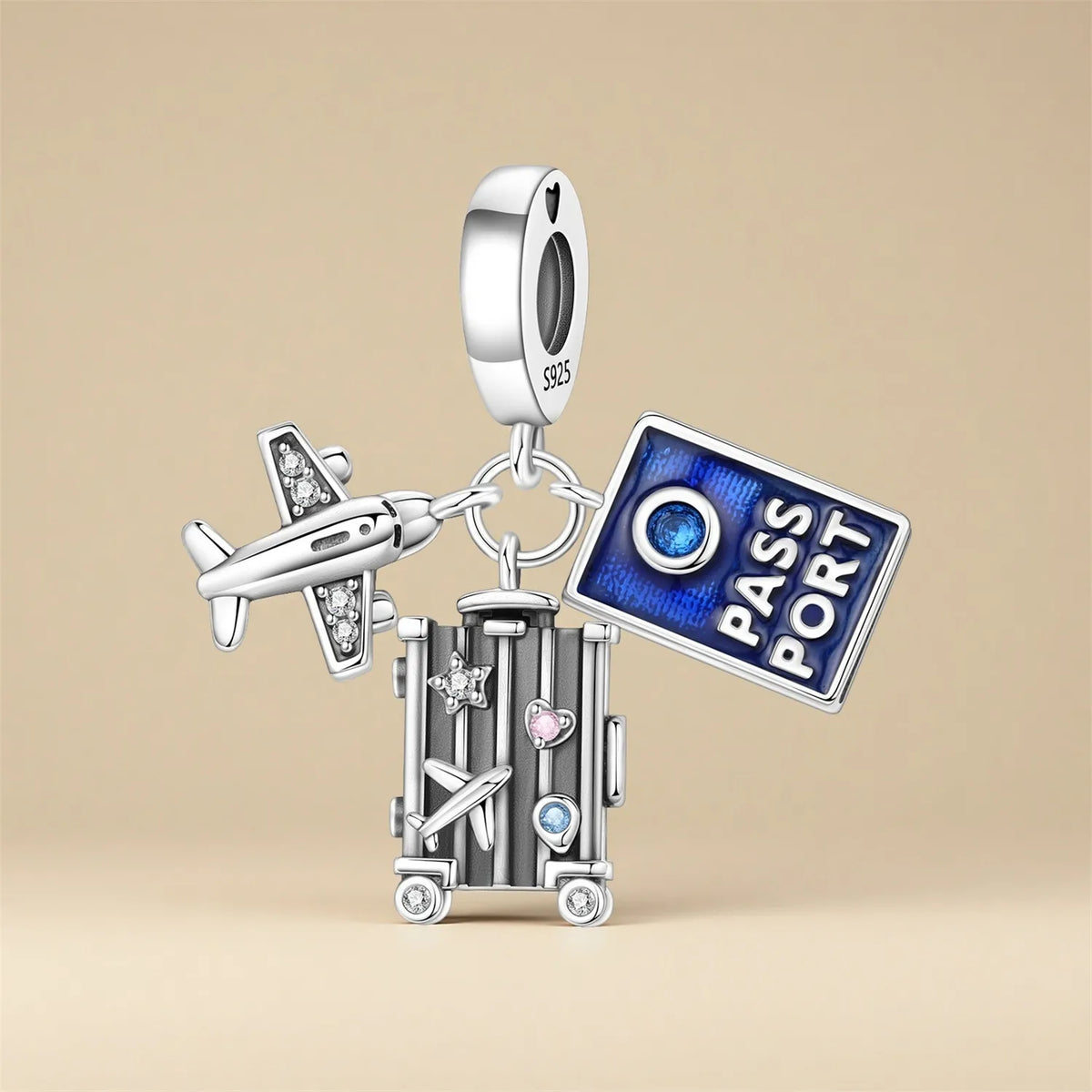 Charm with airplane, suitcase, and passport design on a beige background