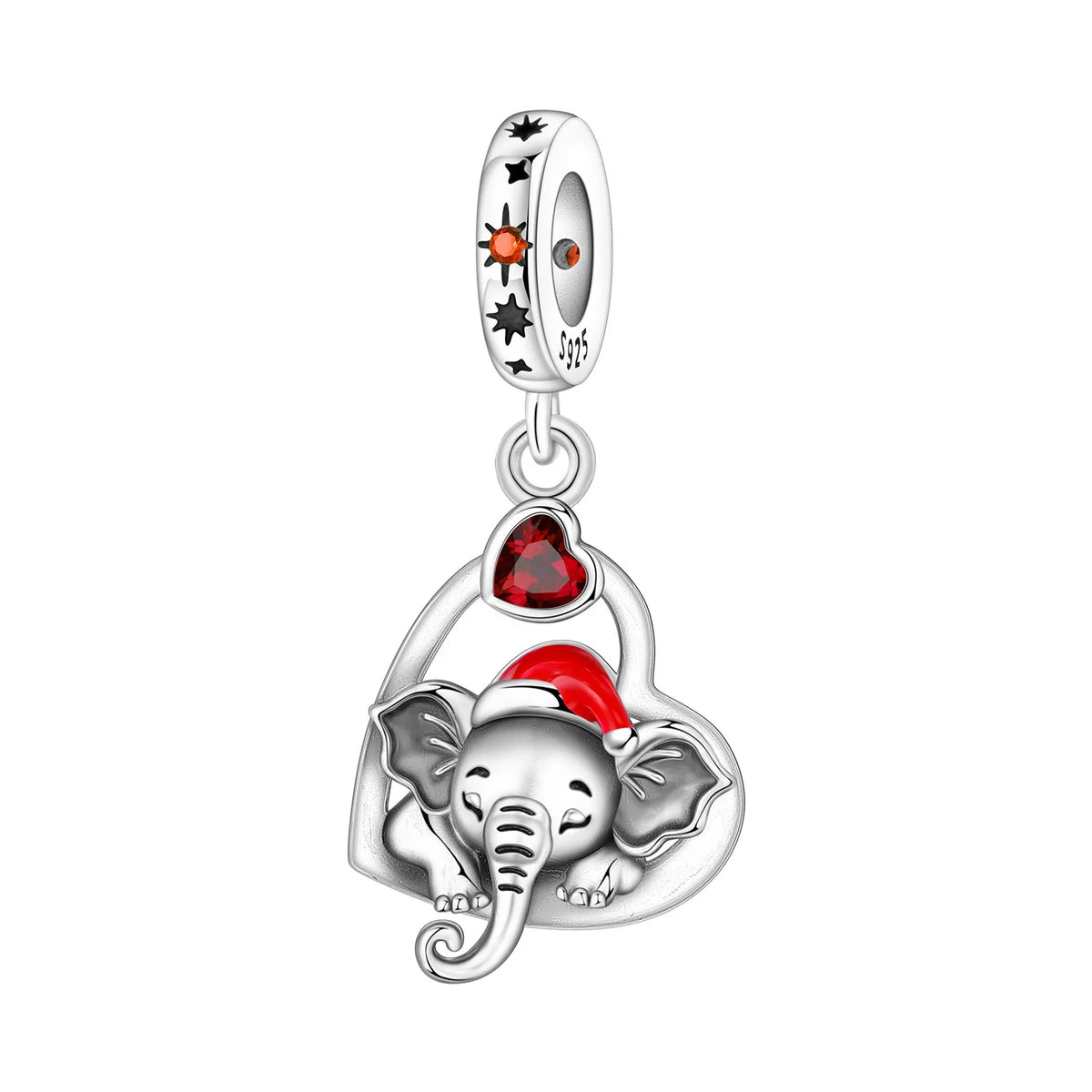 Silver charm with elephant and red heart on a white background