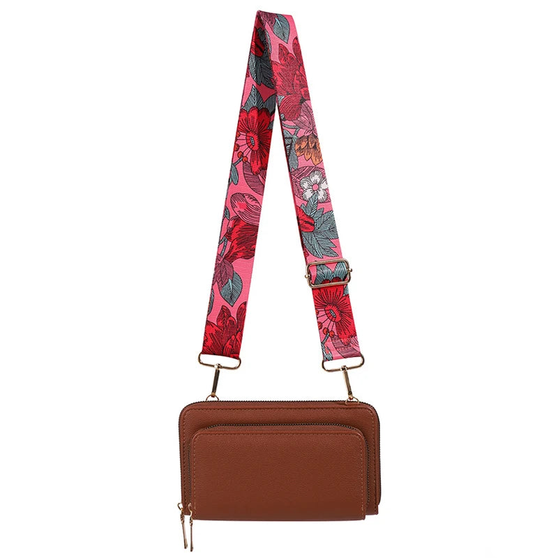 Brown wallet with a floral strap on a white background