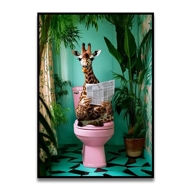 Bathroom Cat Reading on Toilet Canvas Wall Art Print Poster Funny Animal Decor Painting Home Room Decor Gift Unframed