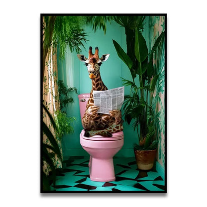 Bathroom Cat Reading on Toilet Canvas Wall Art Print Poster Funny Animal Decor Painting Home Room Decor Gift Unframed