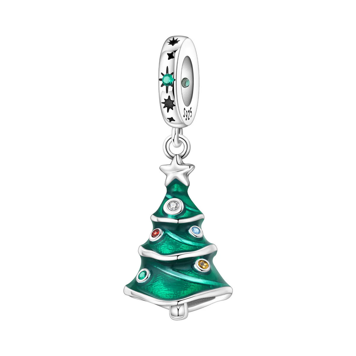 Christmas tree charm with green and silver details on a white background