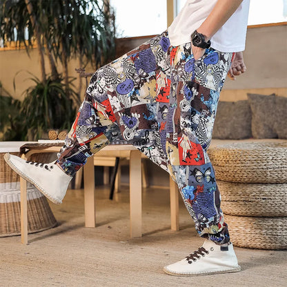 Men Harem Pants Print Retro Drop Crotch Joggers Trousers Men Baggy Loose Nepal Style Men Casual Pants M-5Xl