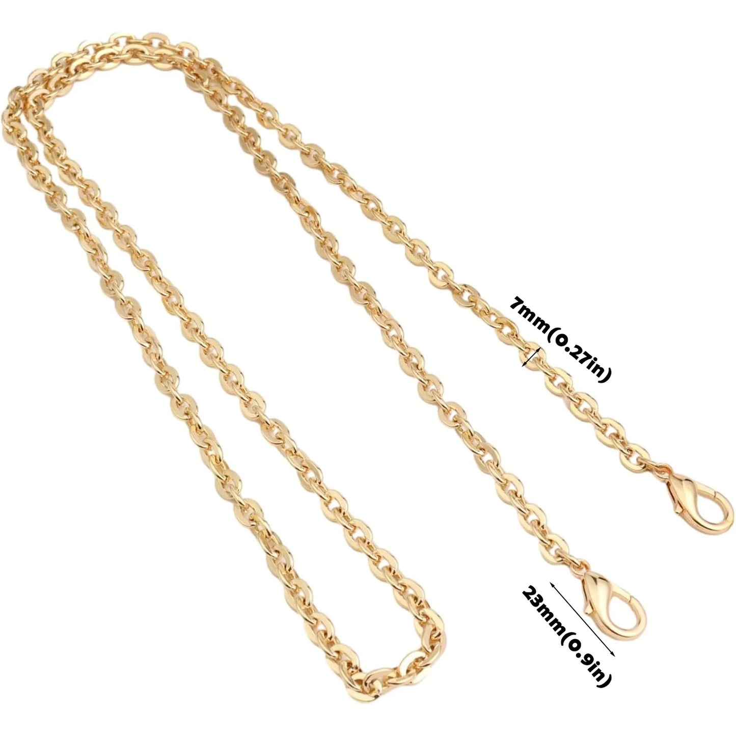 A gold-colored metal chain necklace with a lobster clasp, shown on a plain white background with black dimension lines and text indicating measurements of 7mm (0.27in) and 23mm (0.
