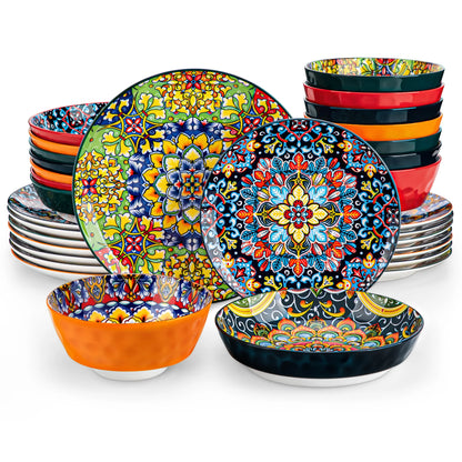 Boho Stoneware Dinnerware Set for 6 | Ceramic Plates & Bowls | 12, 16, 18 or 24 Pieces