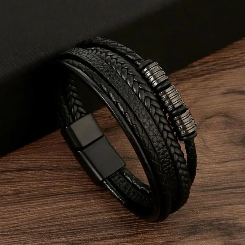 Men’s Multilayer Leather Bracelet | Handwoven Design with Magnetic Alloy Clasp