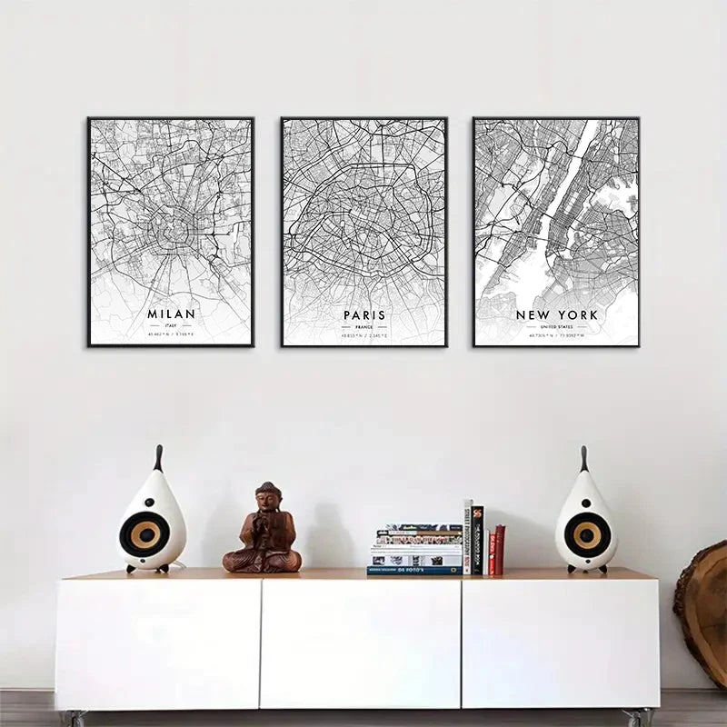 City Map Artwork Poster Paris New York Canvas Painting HD Printed Black and White Map Wall Art Picture Living Room Home Decor