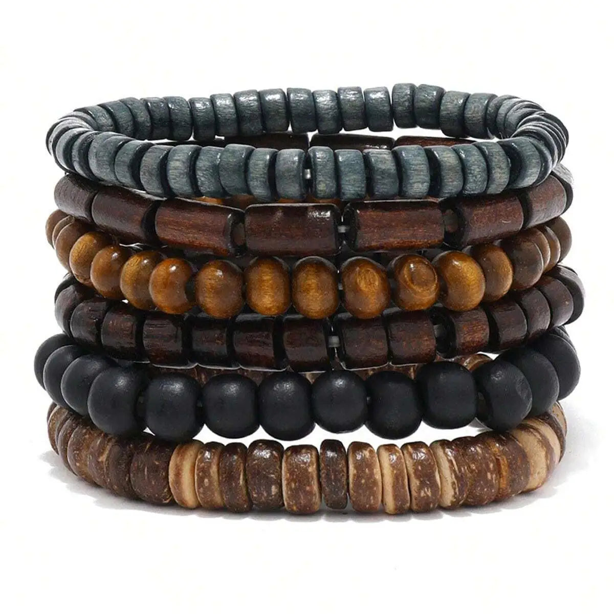 Stack of beaded bracelets in various colors on a white background