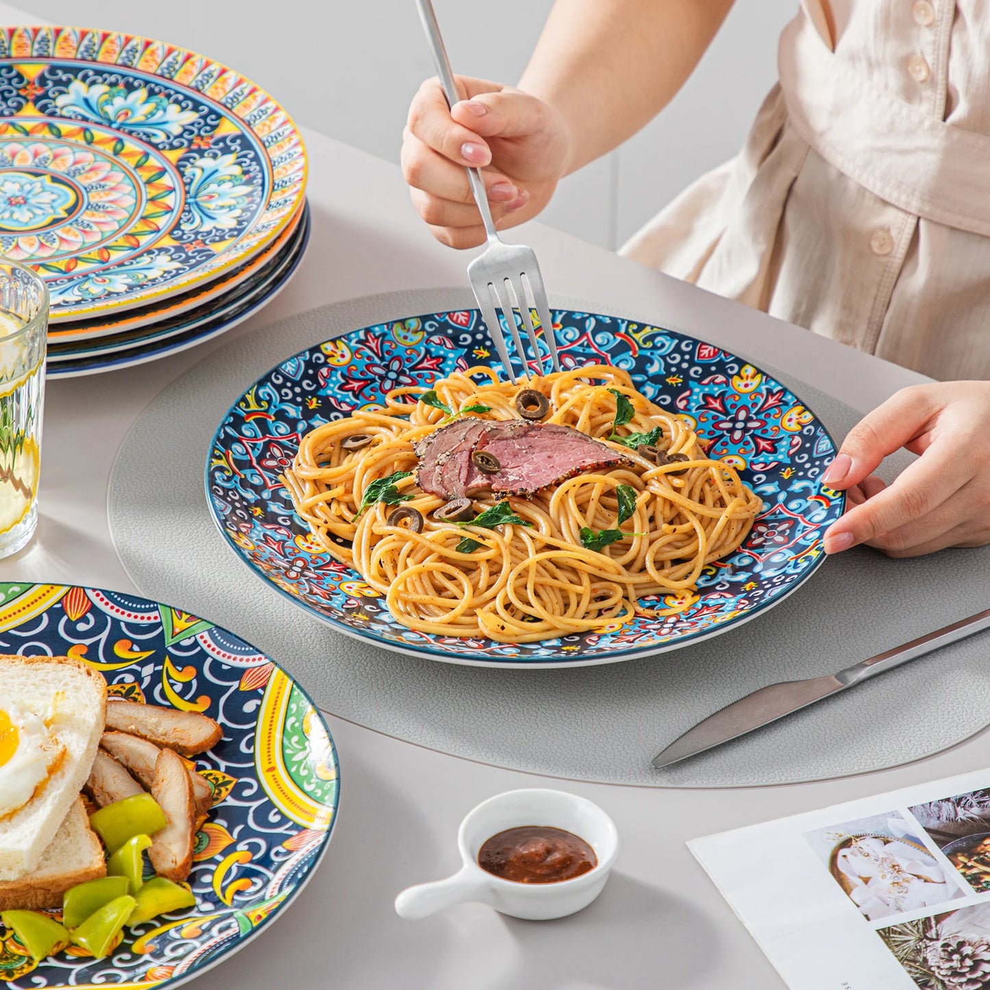Boho Stoneware Dinnerware Set for 6 | Ceramic Plates & Bowls | 12, 16, 18 or 24 Pieces