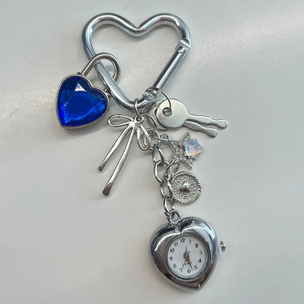 Heart Watch Bag Charm | Functional Clock Keychain | Purse & Backpack Charm with Heart, Key & Crystal Accents