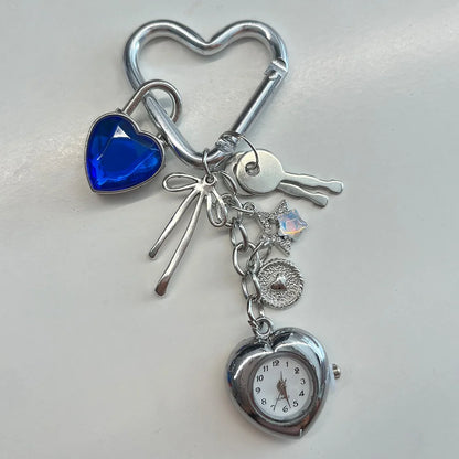 Heart Watch Bag Charm | Functional Clock Keychain | Purse & Backpack Charm with Heart, Key & Crystal Accents