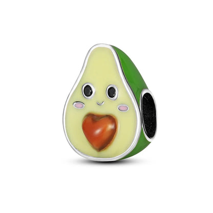 Avocado-shaped charm with a smiling face and red heart on a white background