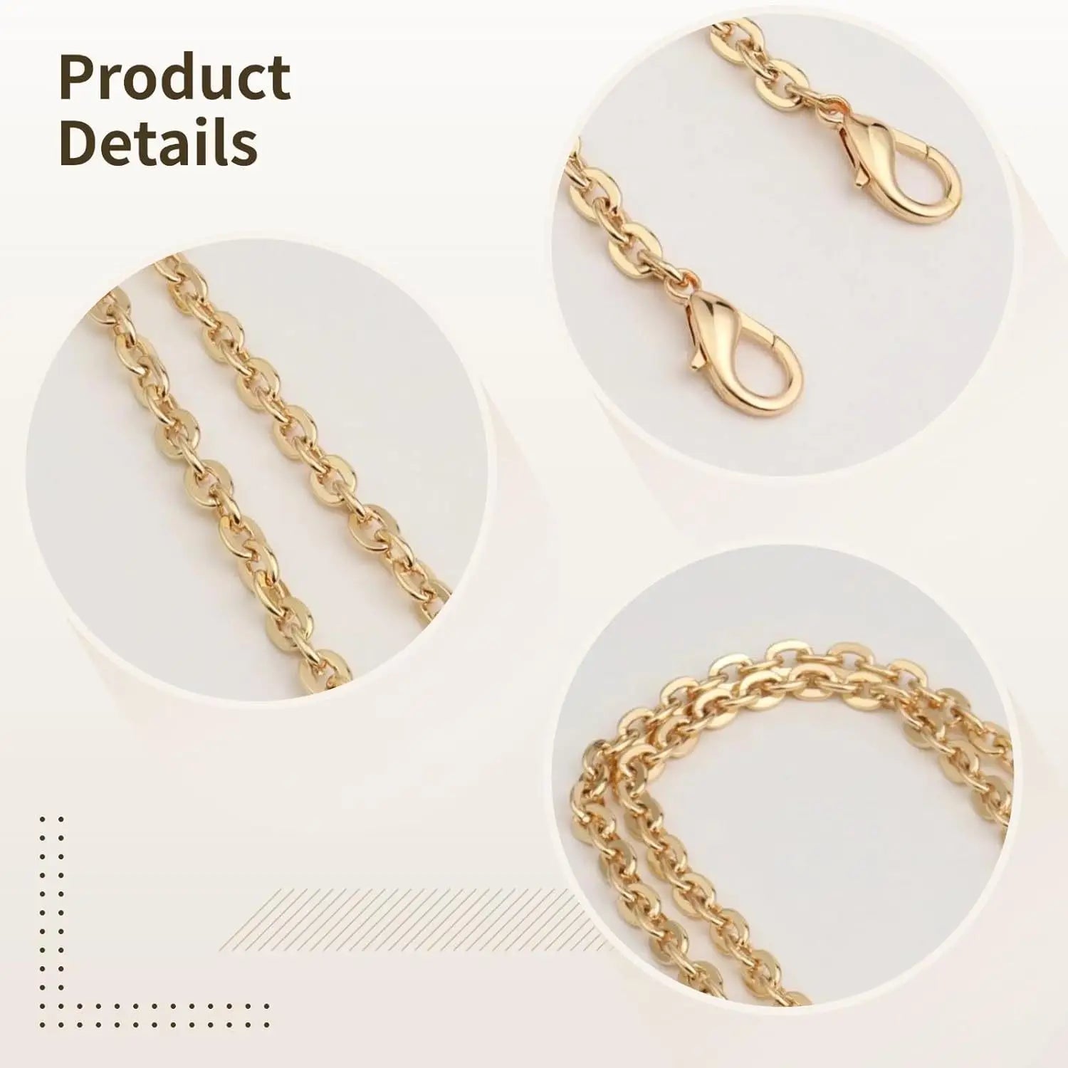Gold-tone chain necklace detail collage showing the chain links, lobster clasp, and draped section on a light beige background with the text 'Product Details'.