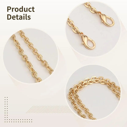 Gold-tone chain necklace detail collage showing the chain links, lobster clasp, and draped section on a light beige background with the text 'Product Details'.