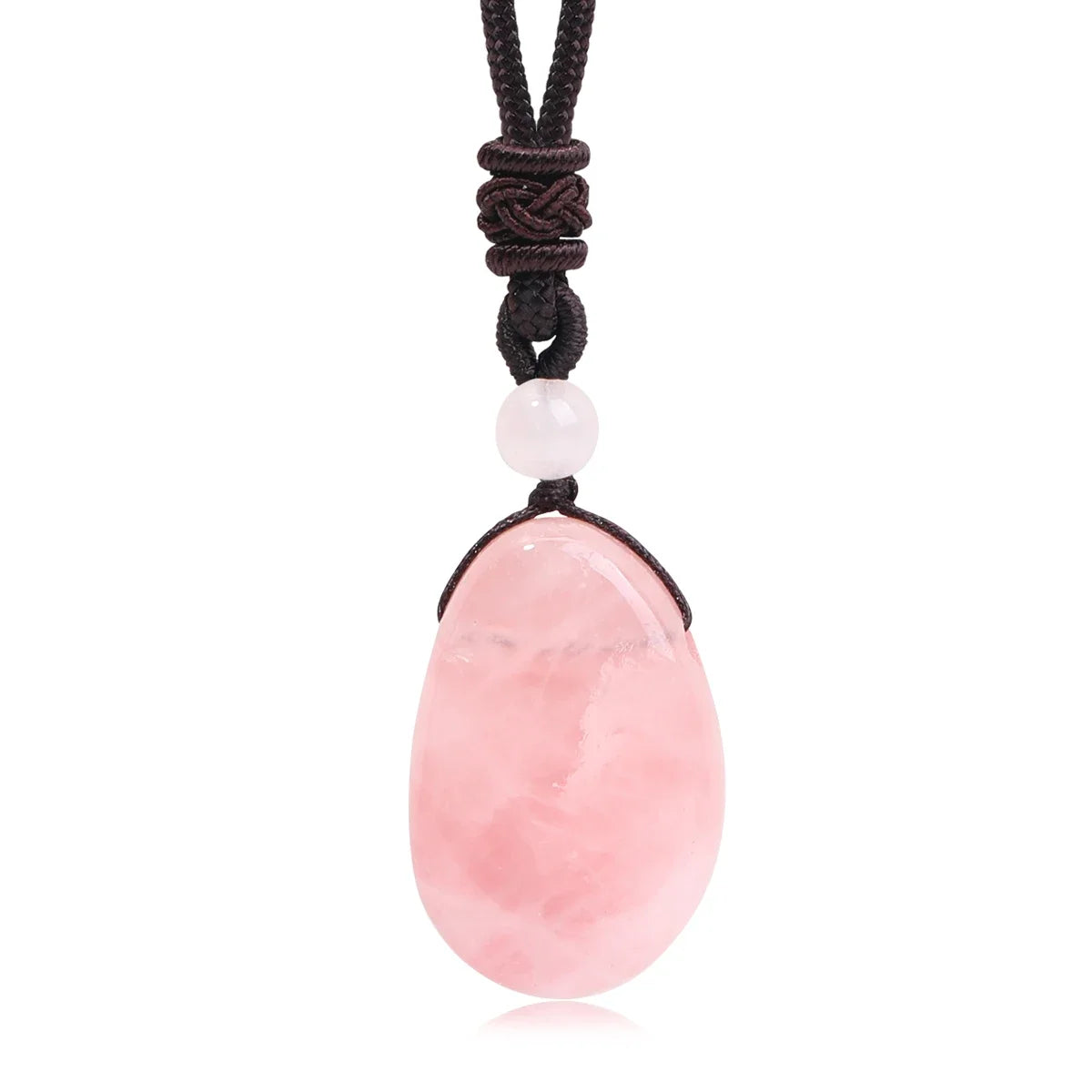Pink stone pendant on a black cord with a white background