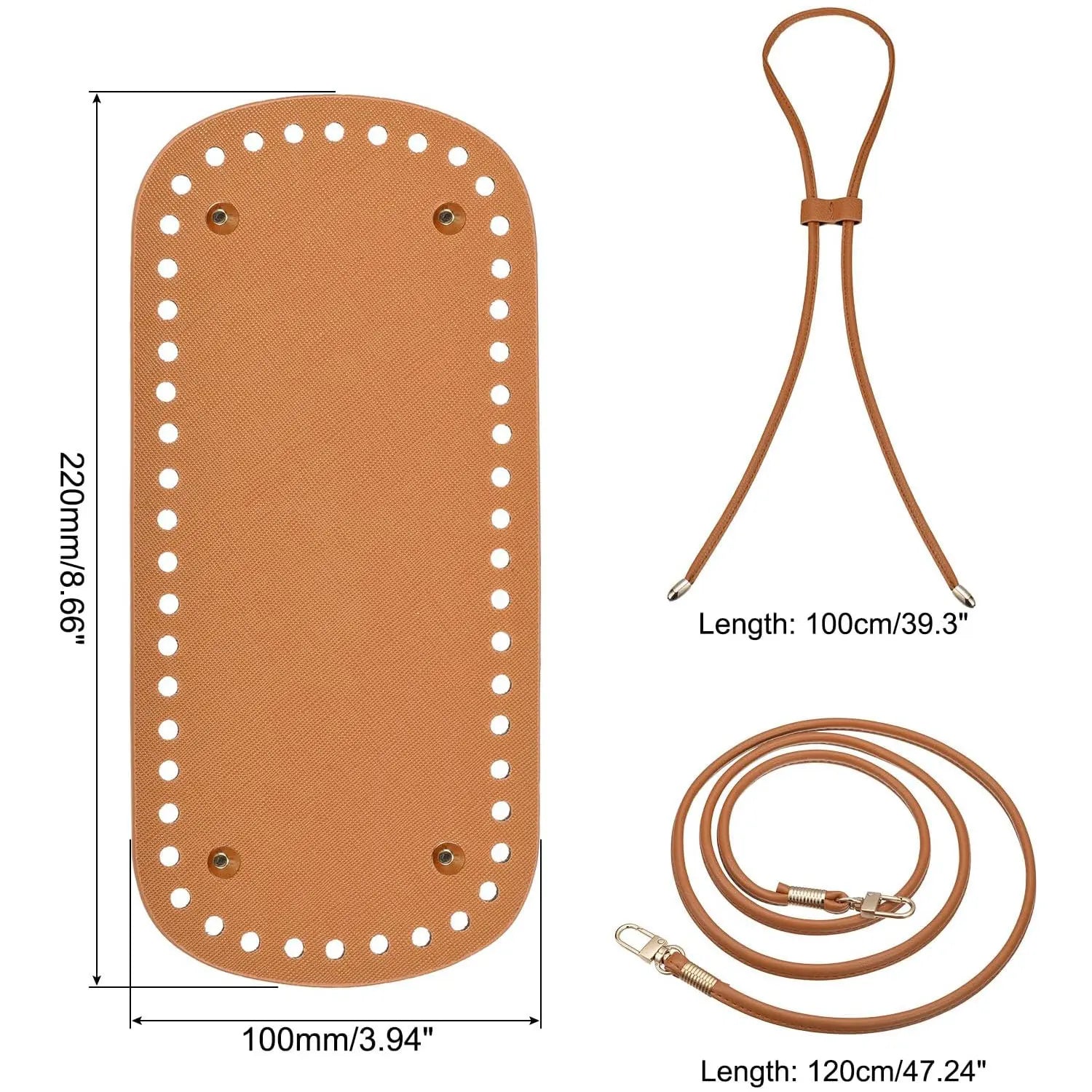 Brown leather pouch with measurements and additional straps on a white background