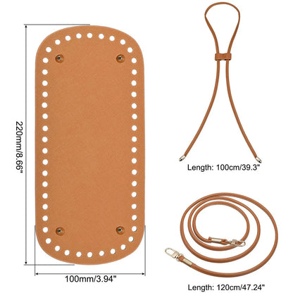 Brown leather pouch with measurements and additional straps on a white background