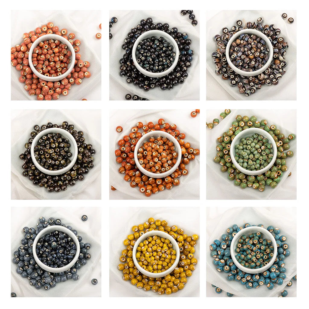 A 3x3 grid showing nine different colors of small round craft beads, each arranged in a white circular dish on a white background.